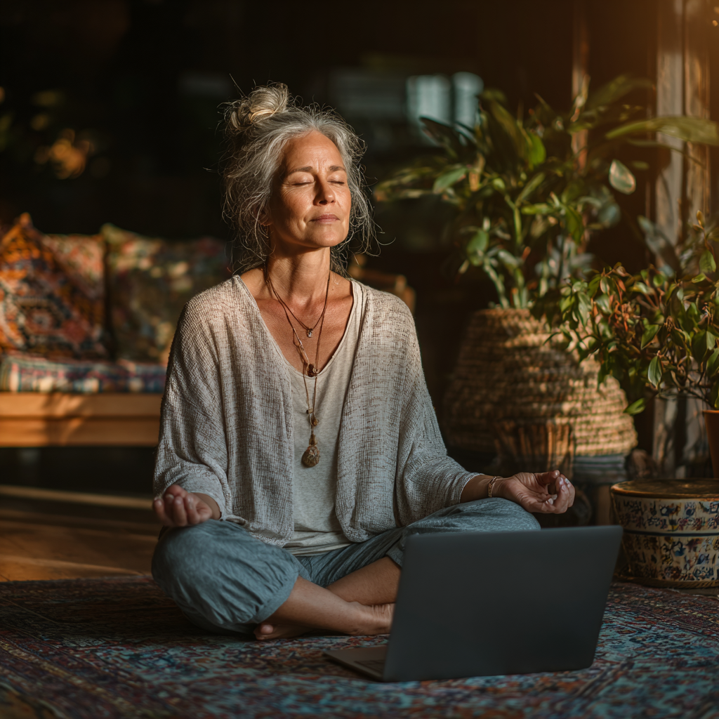Жінка 52 роки практикує йогу вдома перед ноутбуком, слідуючи онлайн-заняттю в затишному домашньому інтер'єрі з рослинами